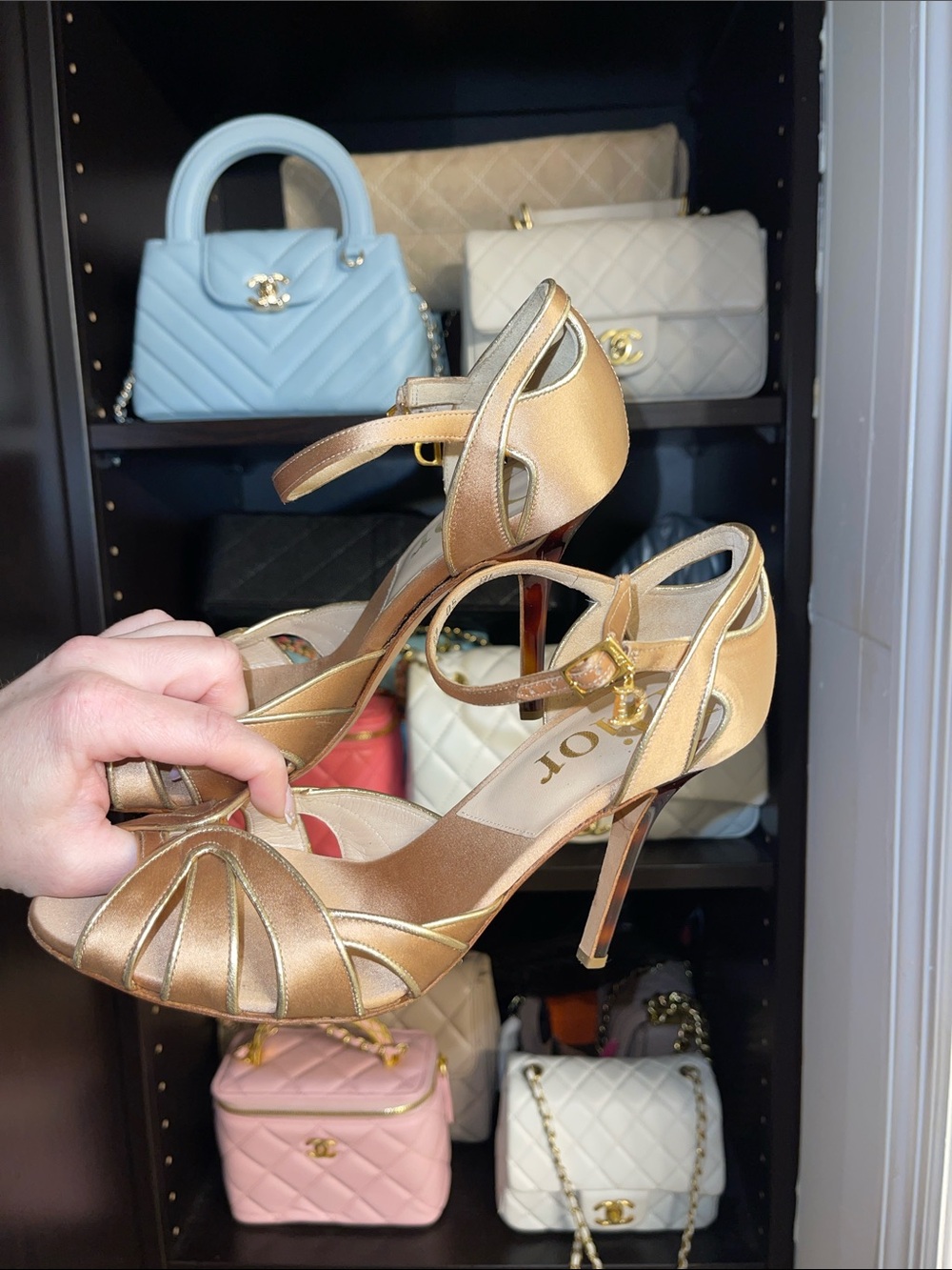 CHRISTIAN DIOR VTG Authentic Metallic Tan Dior Charm Strappy Heel Sandal - Picture 5 of 16